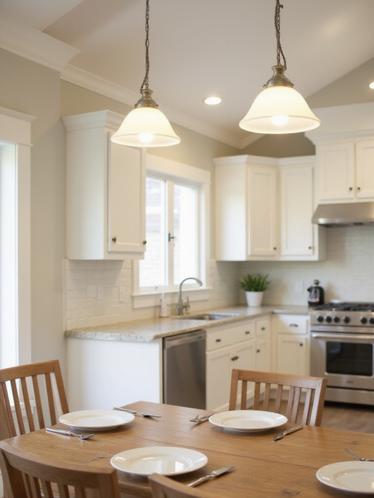 Classic pendant lights hanging above a wooden kitchen table.