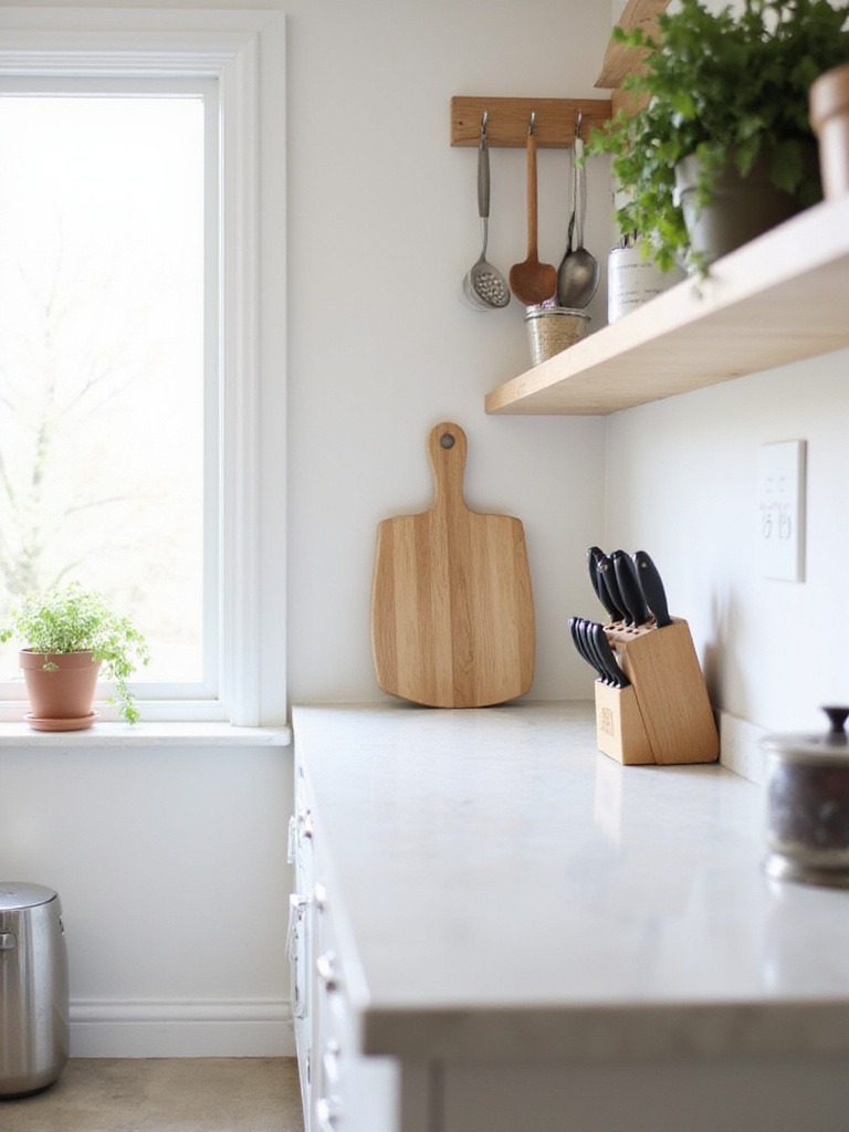 Clean, uncluttered kitchen countertop with minimal essential items, maximizing space and light.