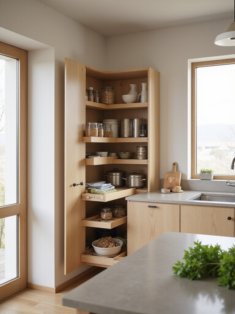 Contemporary kitchen corner cabinet with a multi-tiered pull-out storage system for efficient space utilization.
