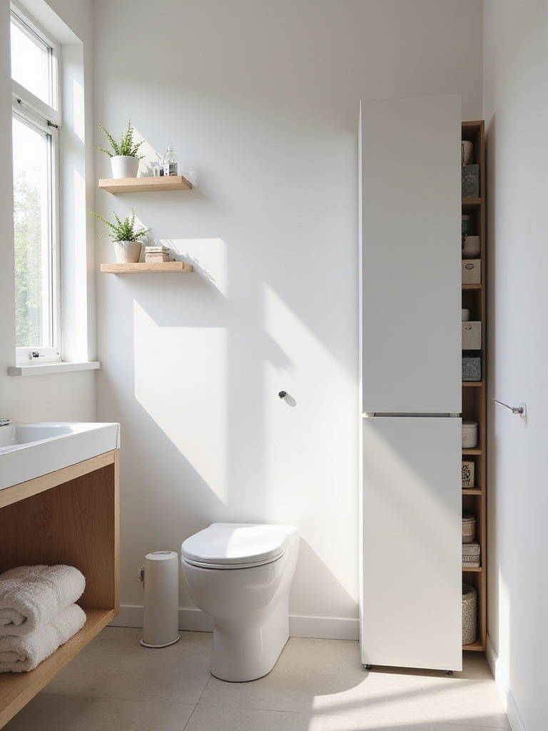 Small bathroom with floating vanity, shelves above toilet, and tall corner cabinet showcasing clever storage solutions.