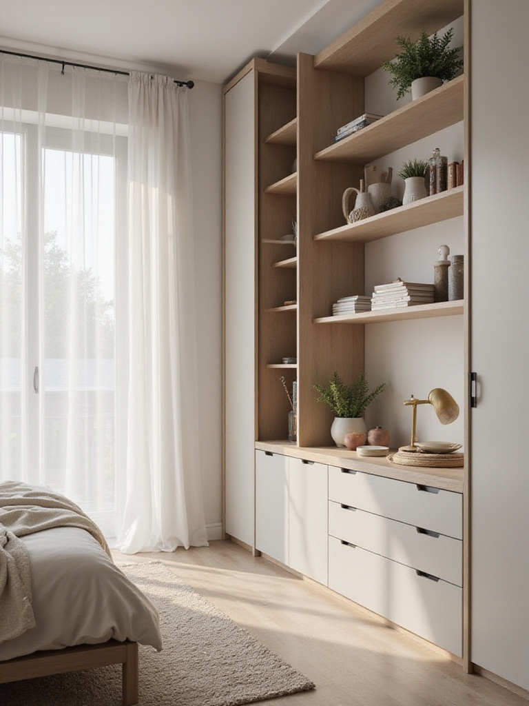 Bedroom with clever storage solutions including under-bed drawers, bookshelf, and floating shelves.