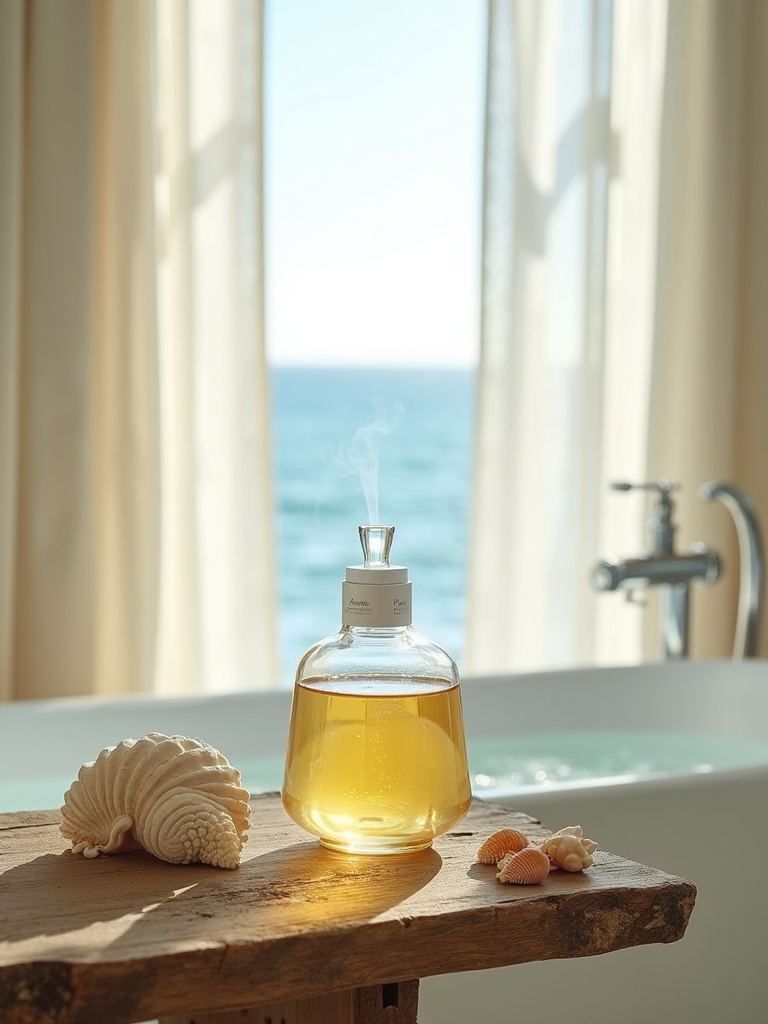 Coastal bathroom with aromatherapy diffuser and seashells, creating a relaxing seaside atmosphere