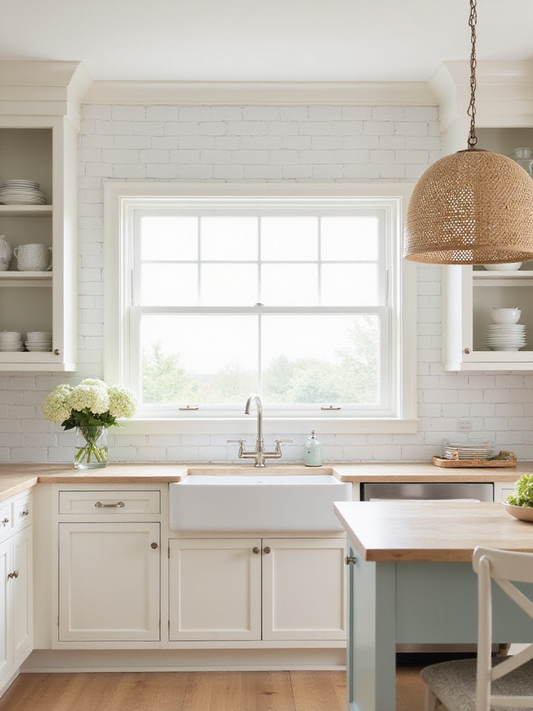 Bright and airy coastal kitchen with white cabinets and woven pendant light.