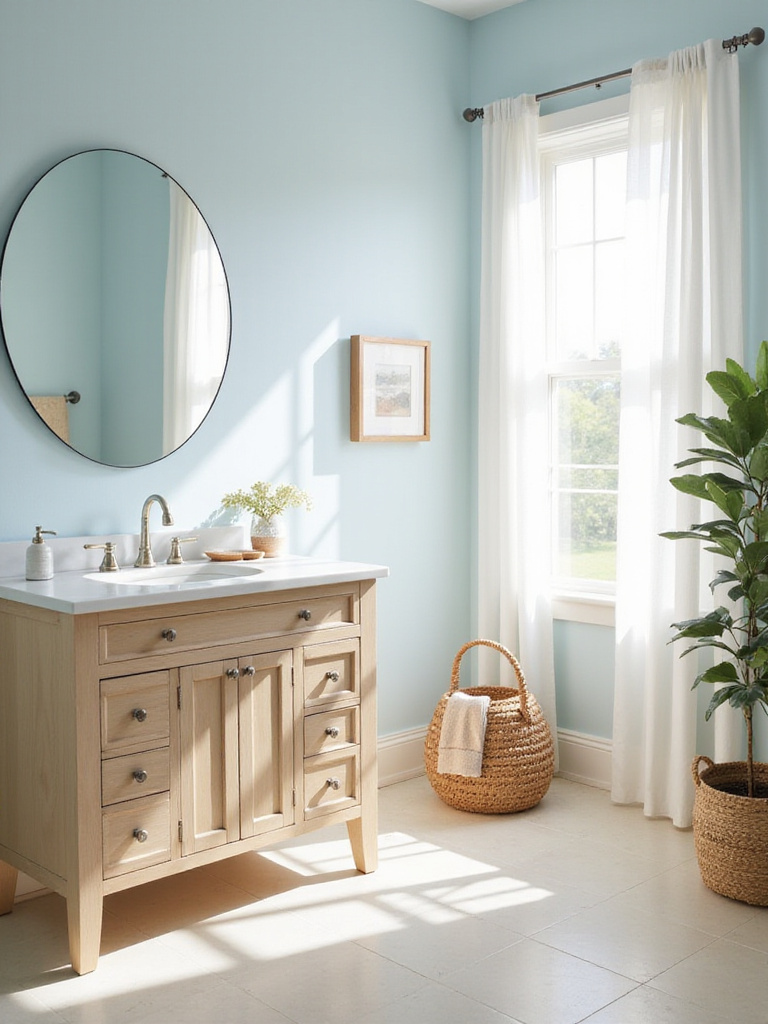 Coastal bathroom design with blue and beige tones, wood vanity, and natural light