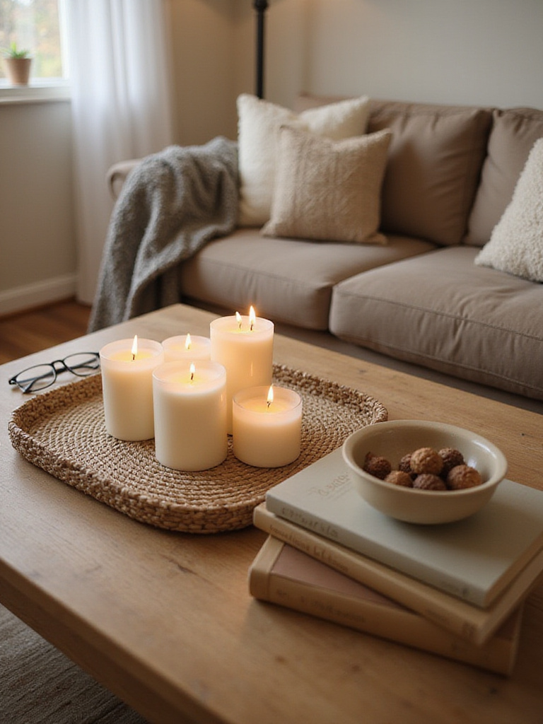 Cozy living room with a styled coffee table featuring candles, books, and a tray.