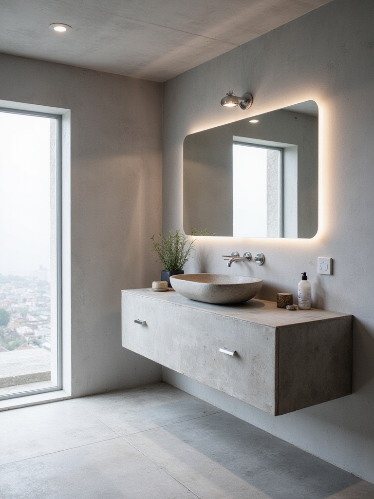 Modern bathroom with polished concrete floor and floating concrete vanity.