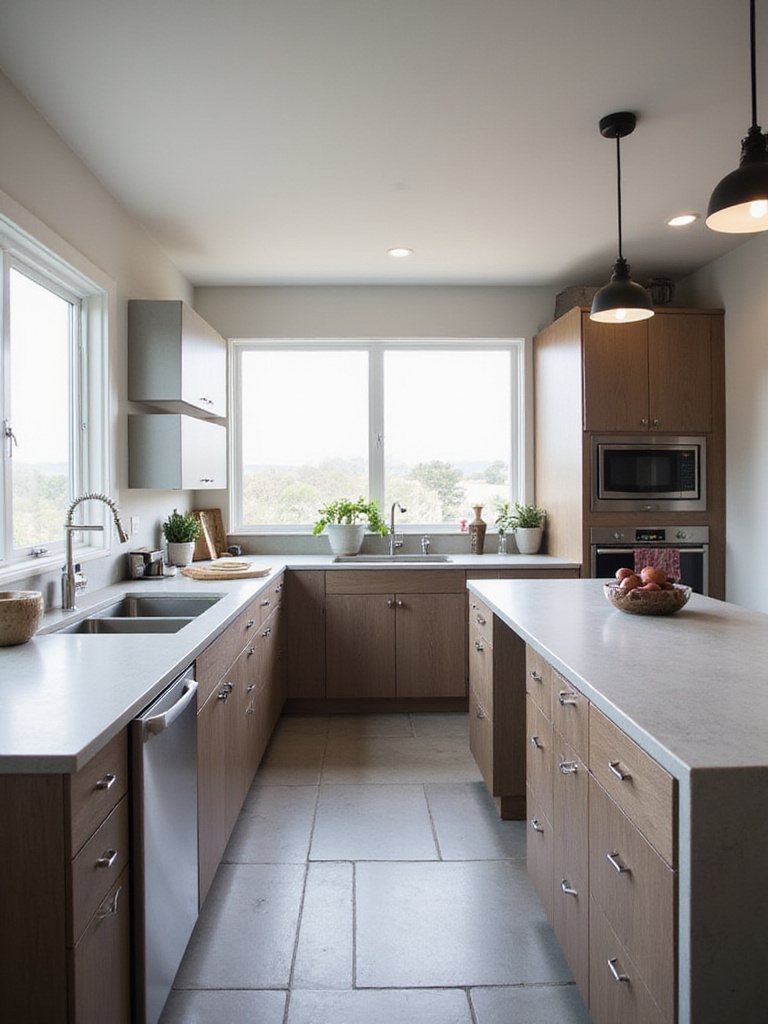 Modern kitchen with light grey concrete countertops and dark wood cabinets