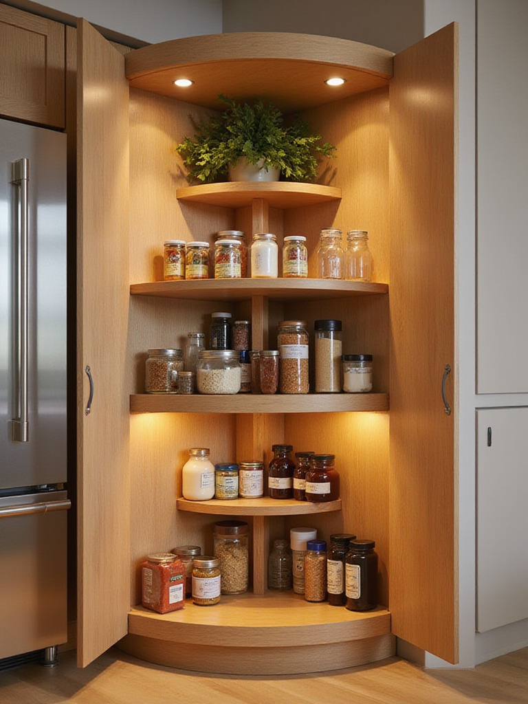 Two-tiered Lazy Susan inside a corner kitchen cabinet, filled with organized pantry staples.