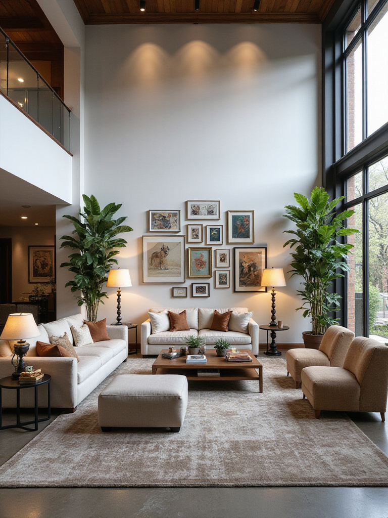 Large living room with multiple seating areas, gallery wall, and area rug.