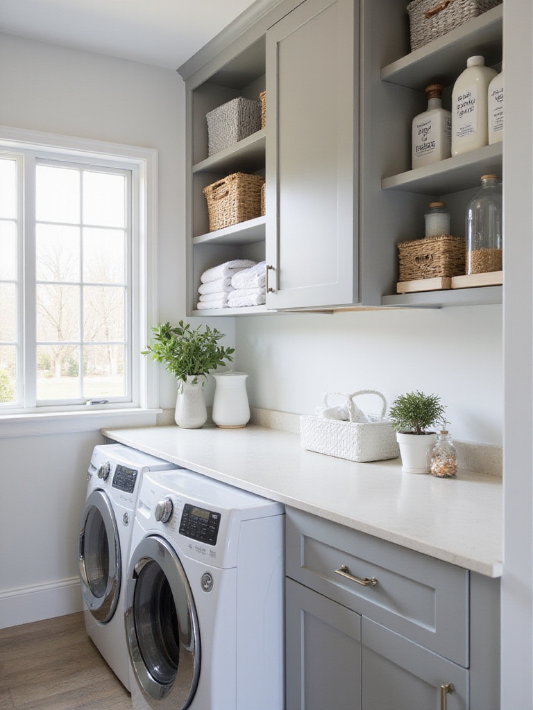 Organized laundry room with light gray cabinets and open shelving filled with neatly arranged laundry supplies.