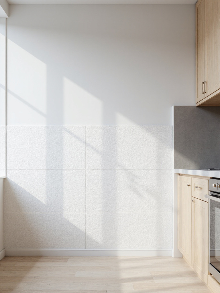 Kitchen with light grey paintable textured wallpaper mimicking a subtle geometric pattern.