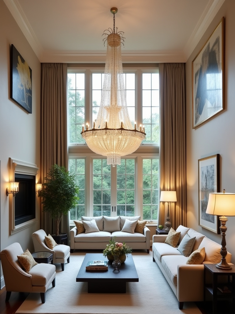 Living room with high ceilings and a perfectly scaled chandelier