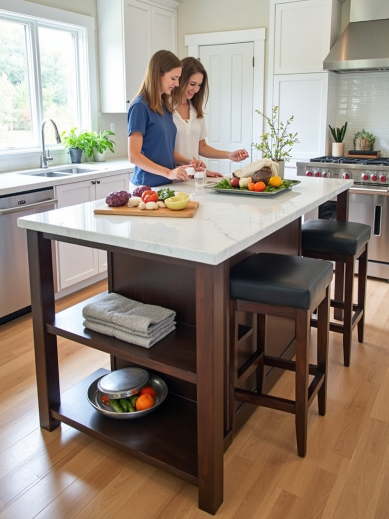 Two-tiered kitchen island with dining and prep zones separated.