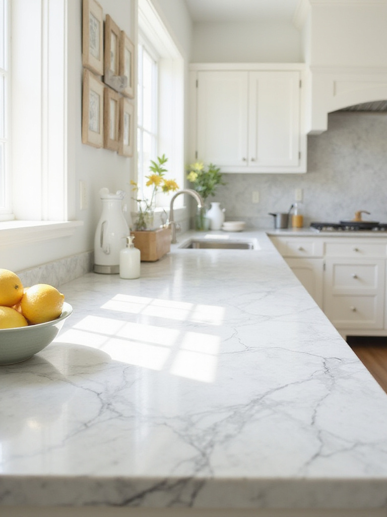 Budget-friendly marble contact paper covering laminate kitchen countertops.