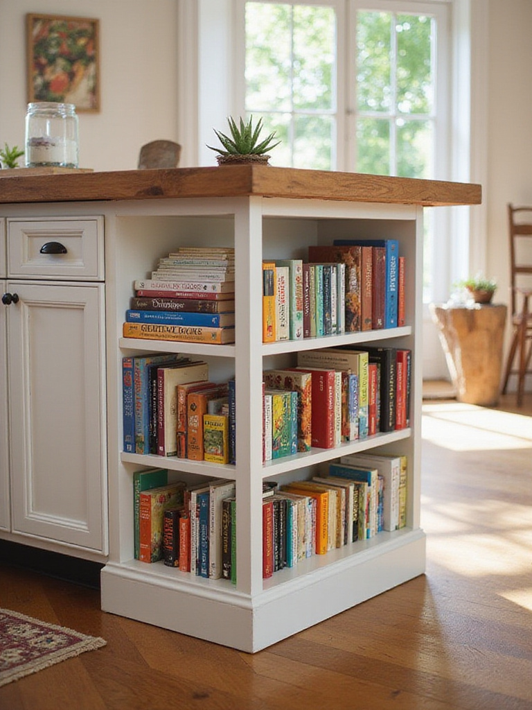 Kitchen island with built-in cookbook nook shelves displaying a variety of colorful cookbooks.