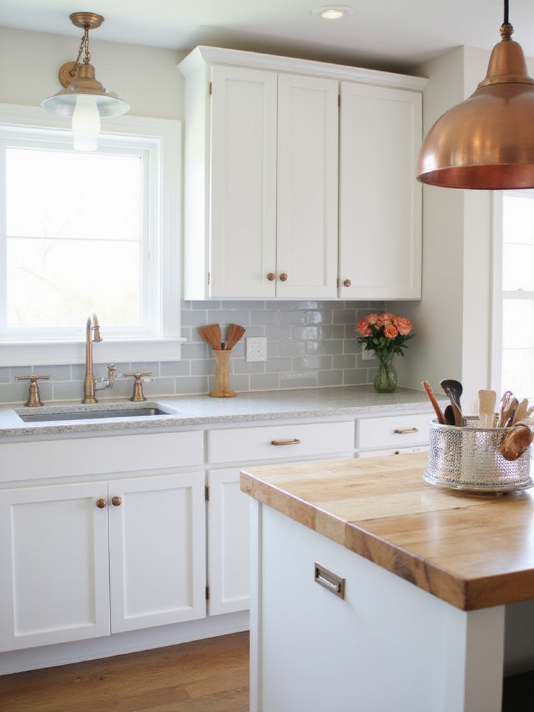 Kitchen with white cabinets, light gray backsplash, and copper hardware and pendant lights