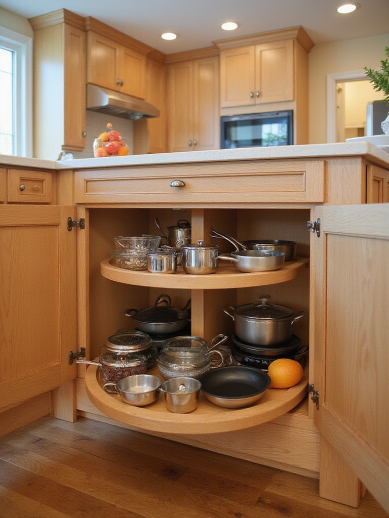 Kitchen island corner cabinet with a kidney-shaped lazy Susan holding pots and pans