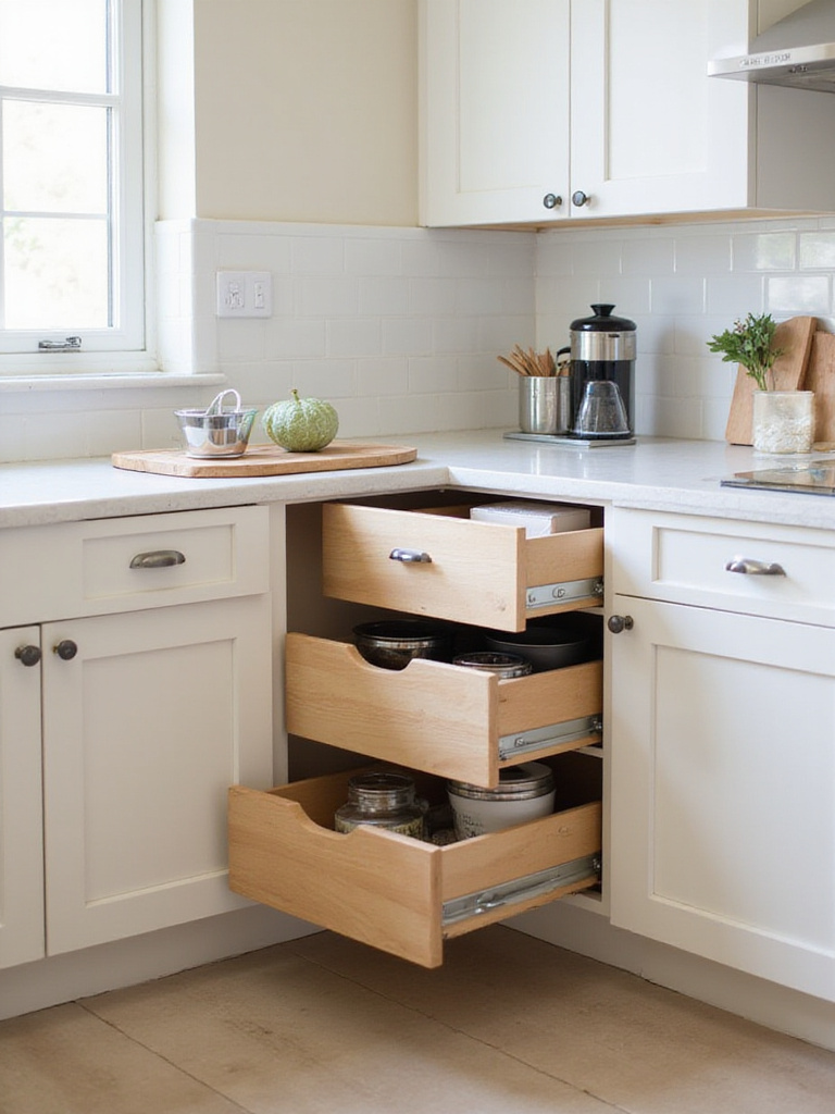 Corner kitchen cabinet with custom corner drawers for maximized storage