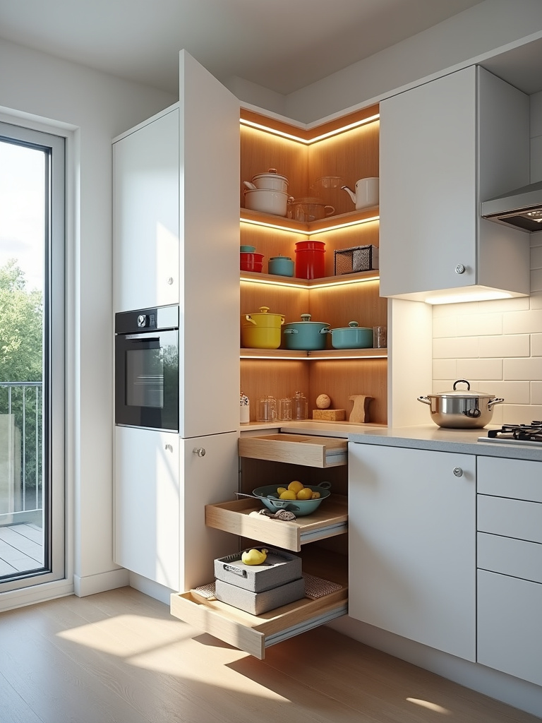 LeMans corner cabinet organizer providing easy access to cookware in a small kitchen.