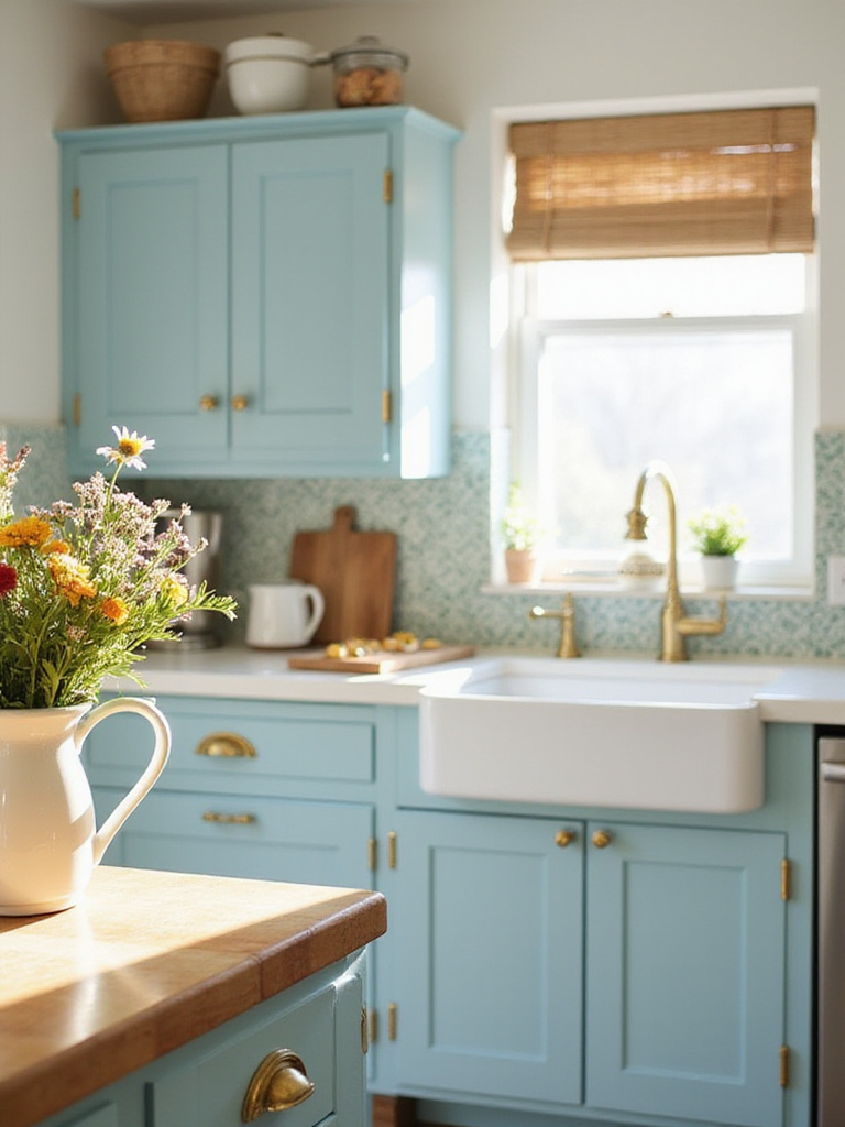 Cottagecore kitchen with robin's egg blue cabinets, butcher block countertops, and antique brass hardware.