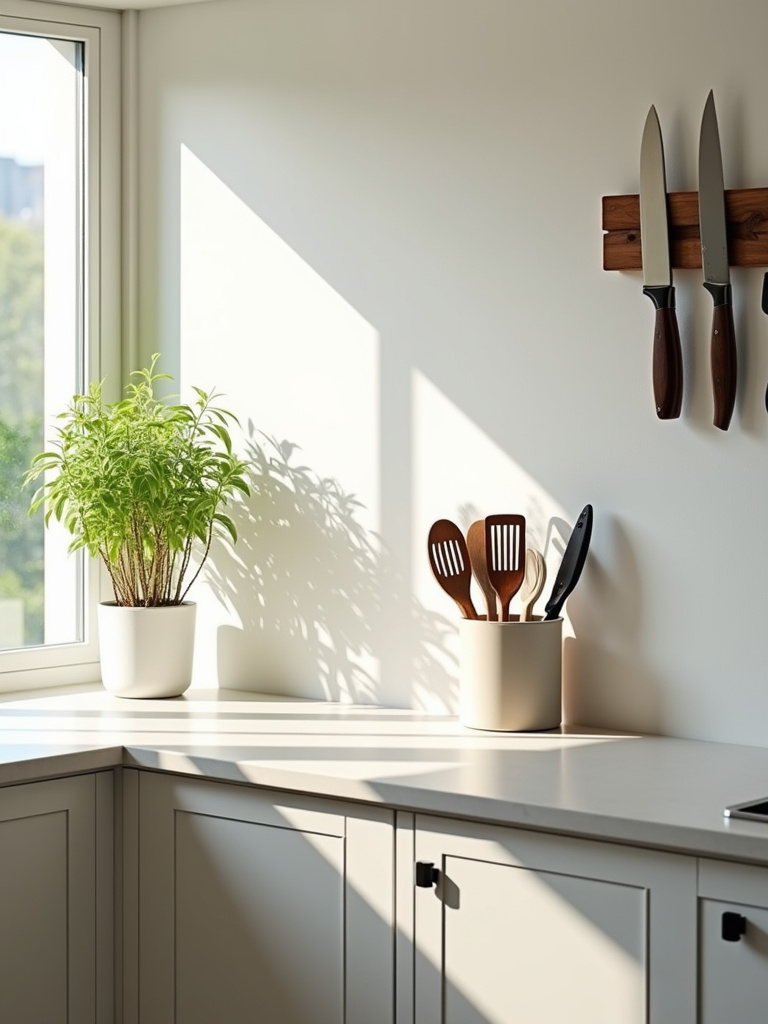 Clutter-free kitchen countertops in a small kitchen, showcasing organization and space maximization.