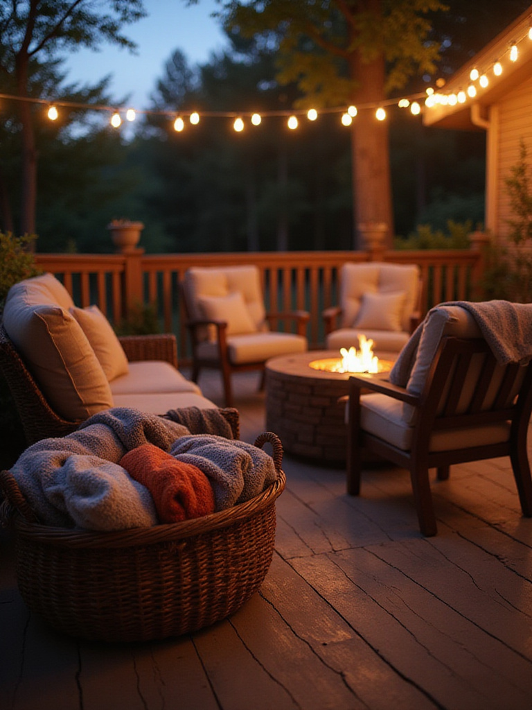 Cozy blankets in a wicker basket on a warmly lit deck at dusk.