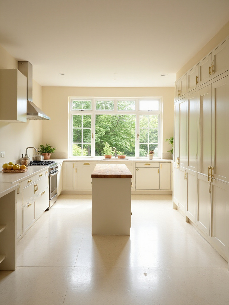 Cozy off-white kitchen with butcher block island and brass hardware