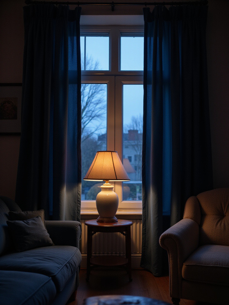 Cozy living room with dark blue velvet light-blocking curtains partially drawn.