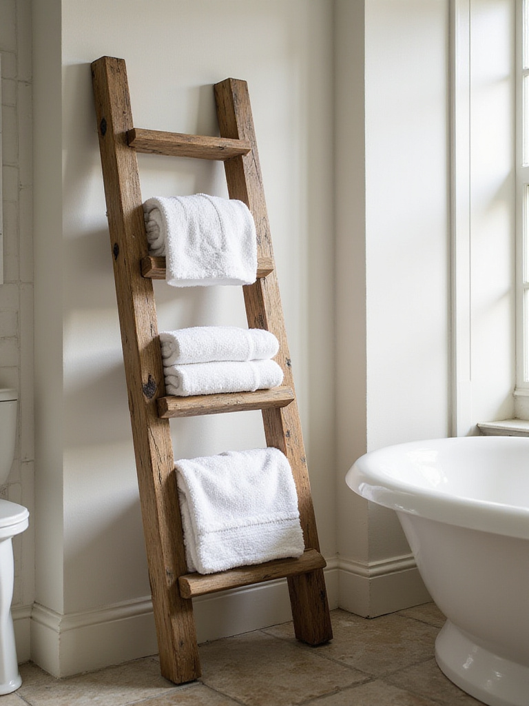 Rustic bathroom with a DIY wooden ladder towel rack displaying white towels