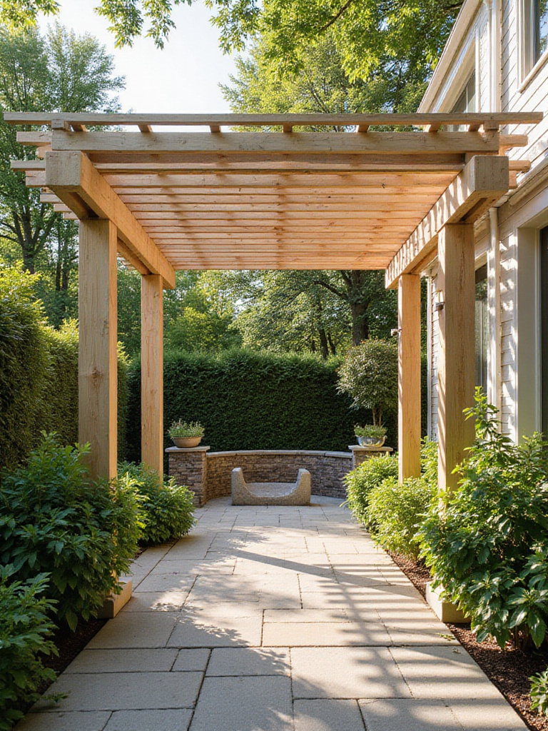 Patio pergola providing dappled shade on a stone patio surrounded by greenery.
