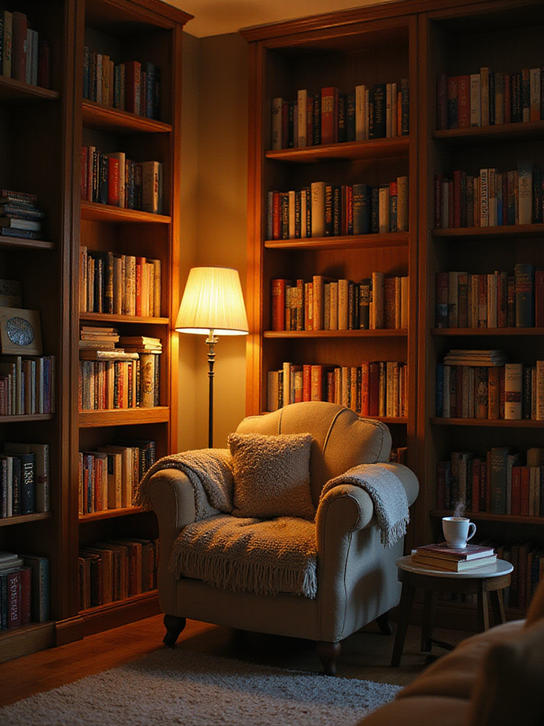Cozy reading nook with armchair, bookshelves, and warm lighting