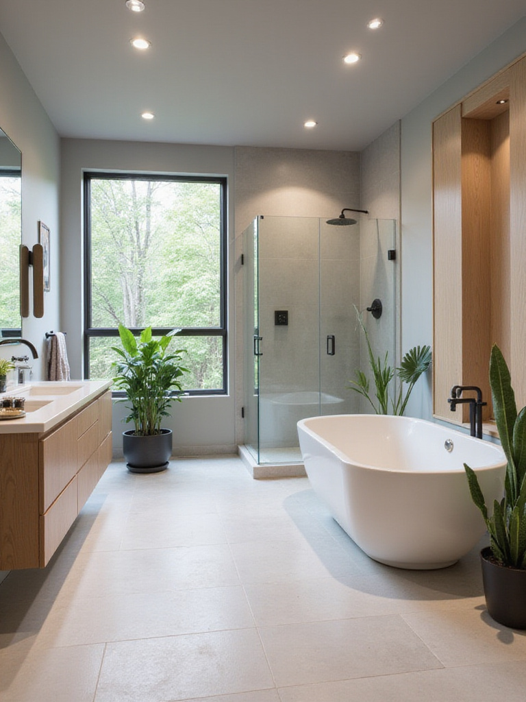 Modern bathroom designed as a spa retreat with soaking tub and rainfall shower.