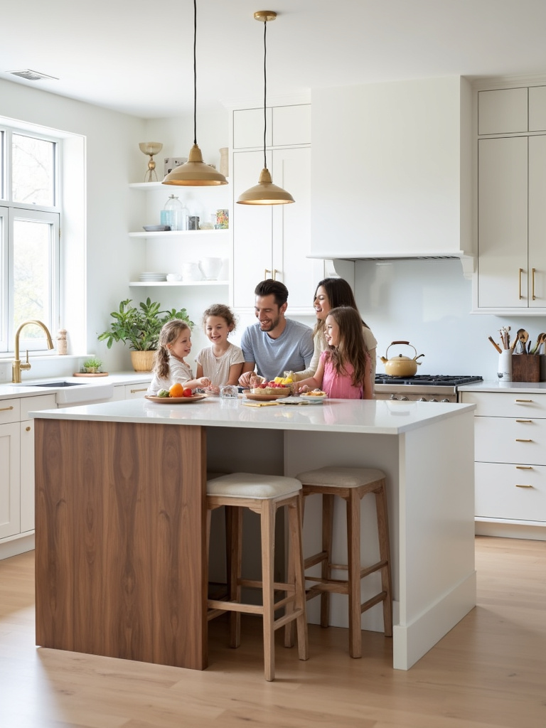 Kitchen island with breakfast bar extension and family enjoying breakfast.