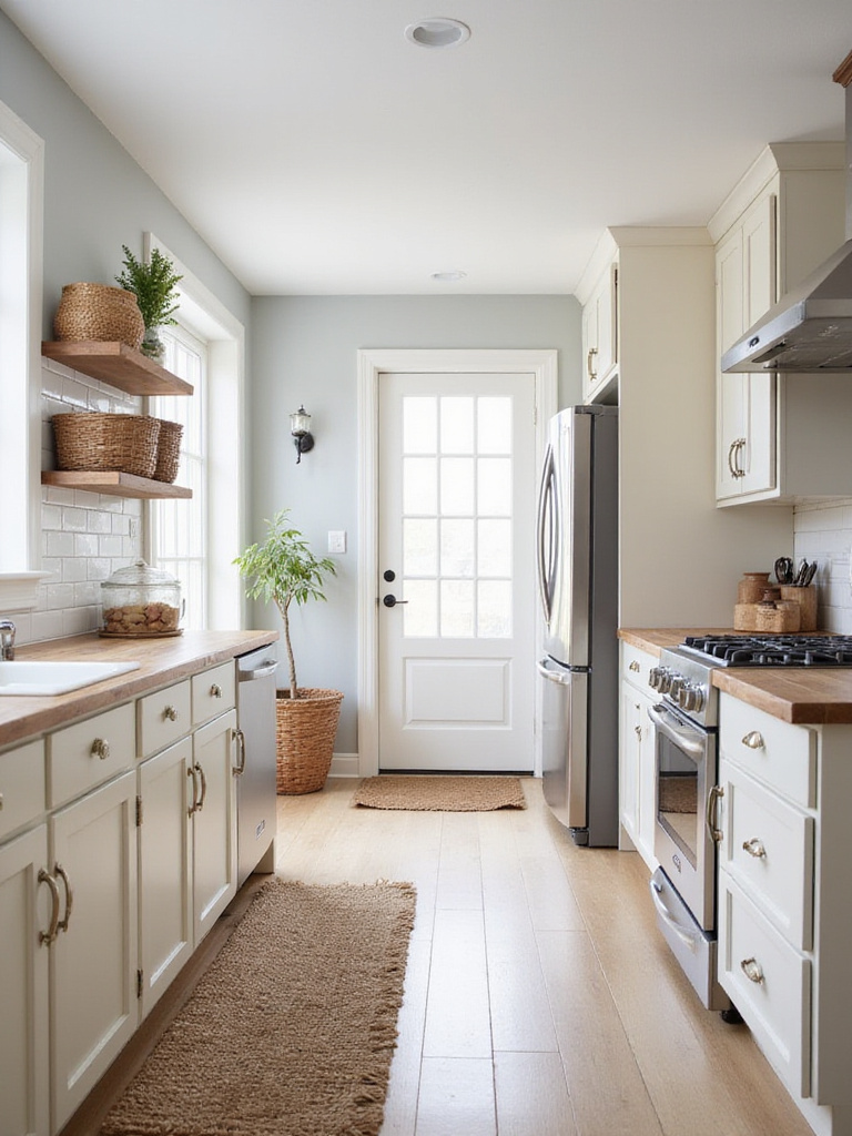 Farmhouse kitchen with neutral color palette featuring white cabinets, light gray walls, and natural wood accents.