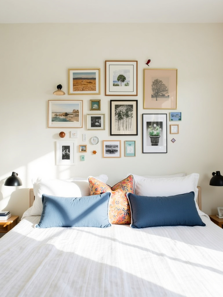 Bedroom gallery wall featuring a mix of art and photos above the bed.