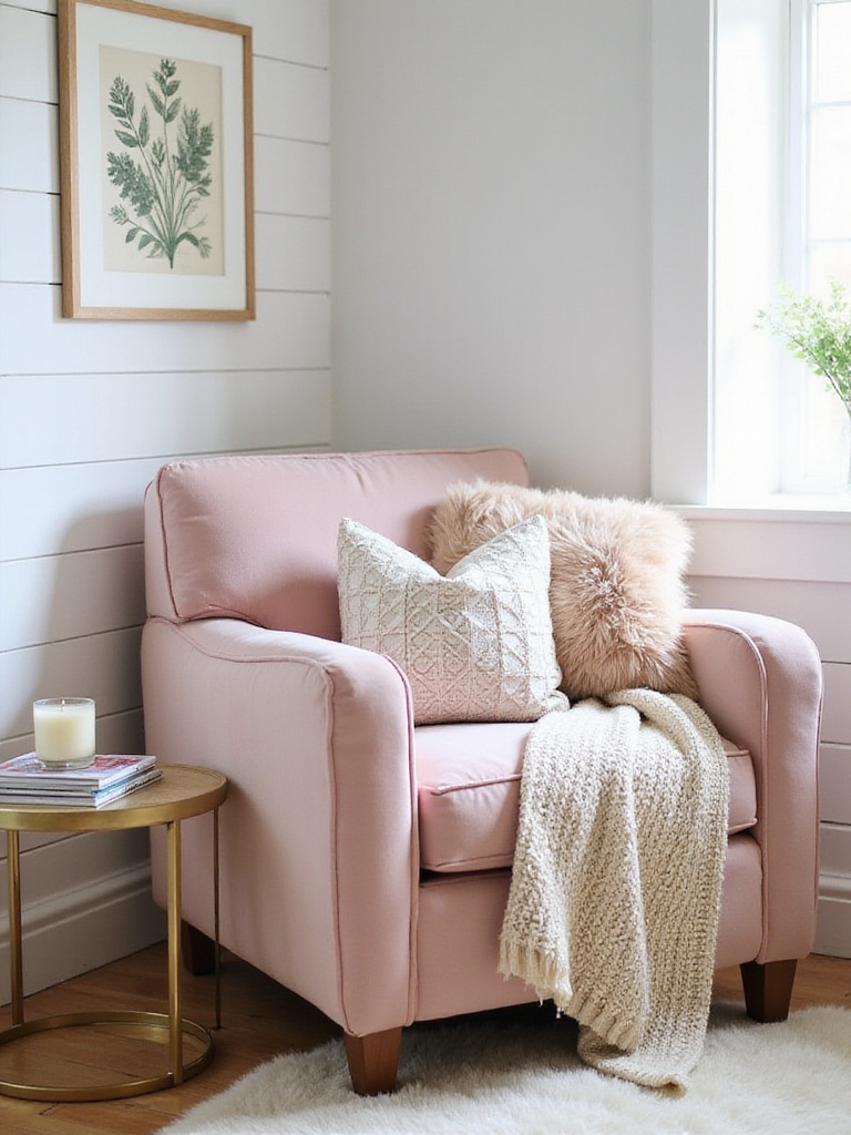 Cozy teen bedroom seating area with blush pink velvet armchair and decorative pillows.