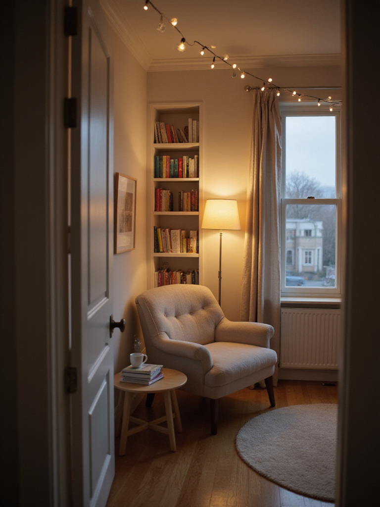 Cozy reading nook in bedroom with armchair, lamp, and books