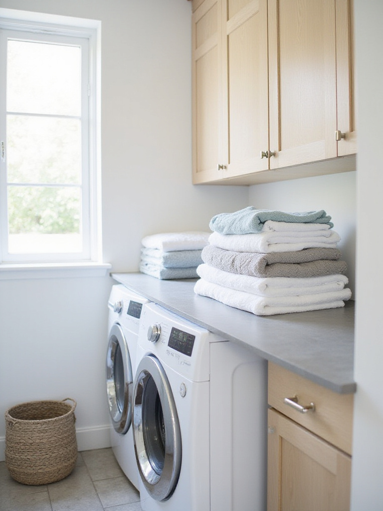 Modern laundry room with dedicated folding countertop above washer and dryer