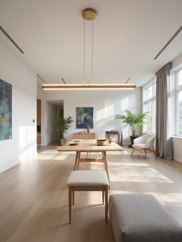 Modern living room with a linear LED chandelier above a dining table.