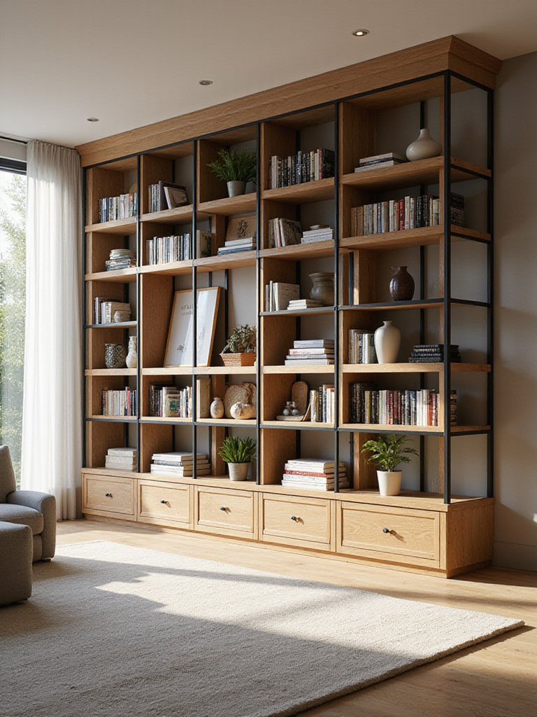 Modern living room with modular open bookcase system creating a library wall.