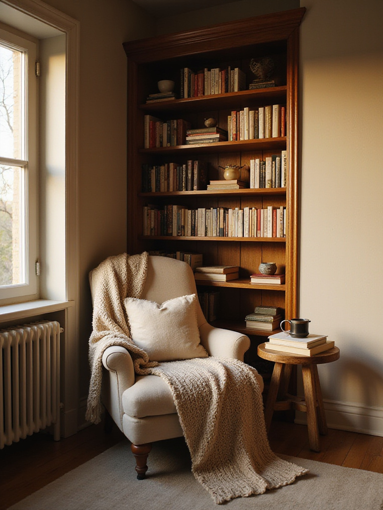 Cozy bedroom reading nook with armchair, books, and warm lighting