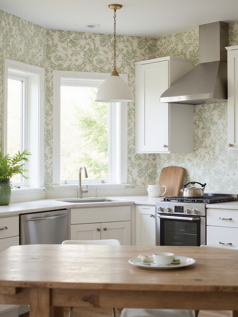 Kitchen accent wall with botanical wallpaper behind breakfast table