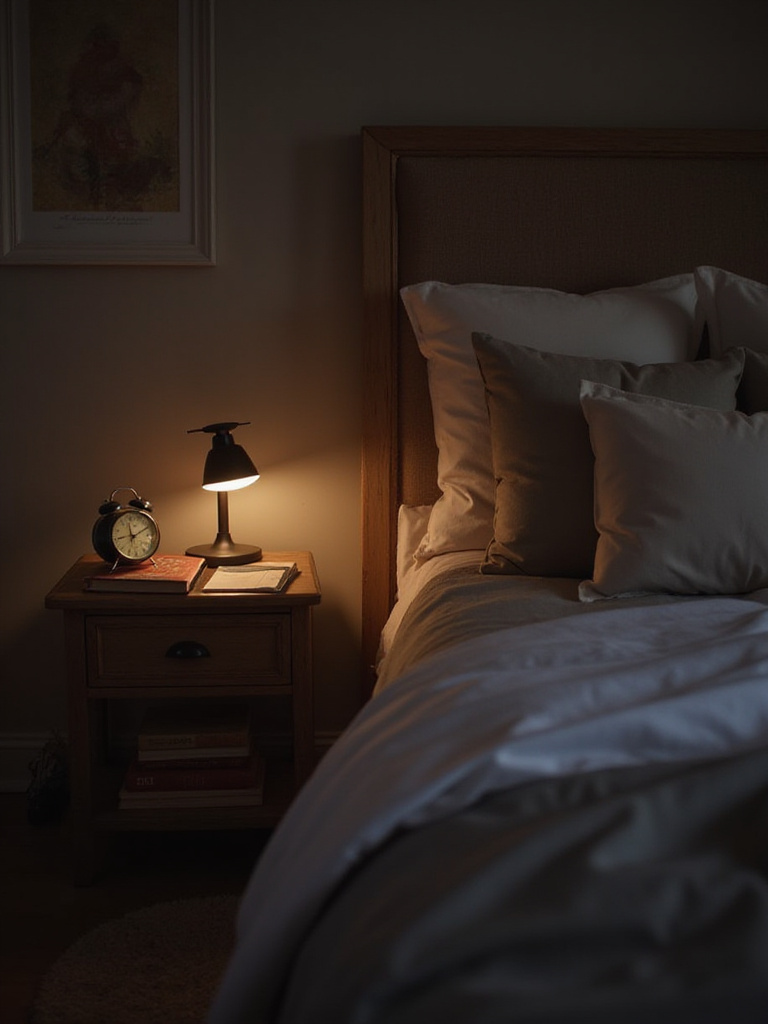 Cozy bedroom with soft lighting, a comfortable bed, books, and an alarm clock, emphasizing a tech-free sleep environment.