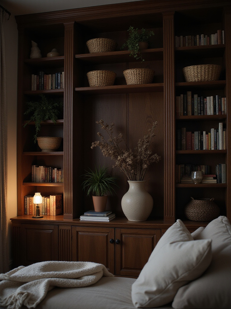 Cozy living room bookshelf filled with books, blankets, plants, and decorative objects.
