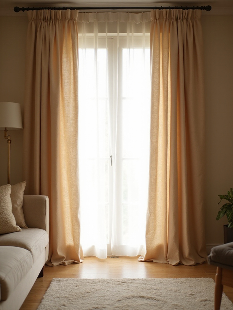 Cozy living room with soft linen curtains creating a warm and inviting atmosphere.