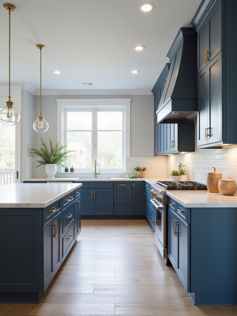 Custom inset blue kitchen cabinets with light countertops and brass hardware.
