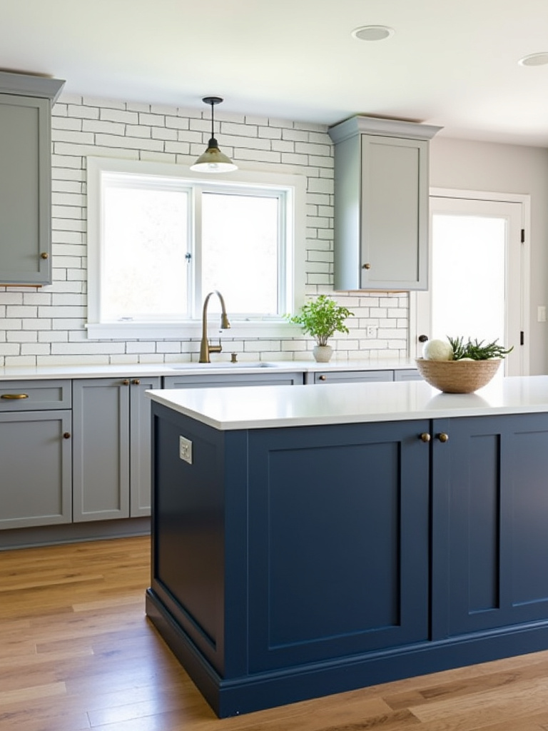 Navy blue kitchen island with white quartz countertop in a modern kitchen