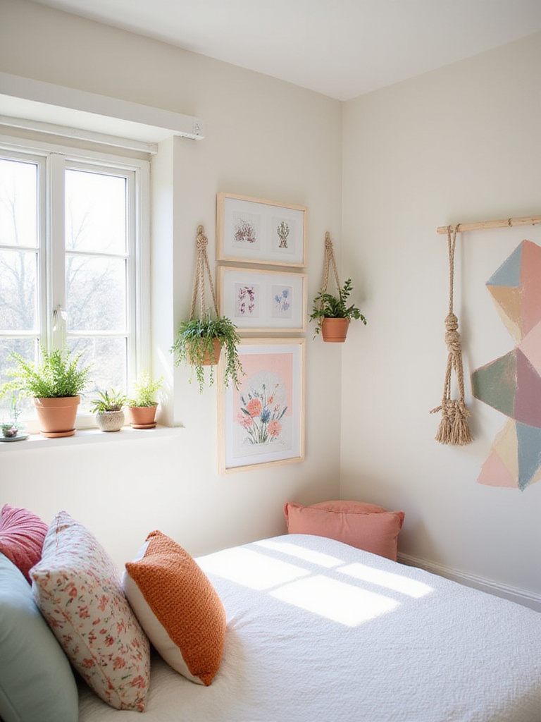 DIY bedroom decor featuring gallery wall, macrame plant hangers, and painted mural.