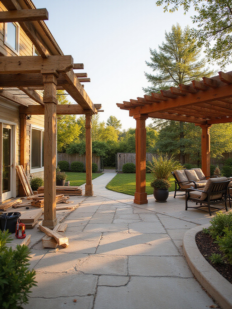 DIY pergola project in progress versus professionally installed pergola