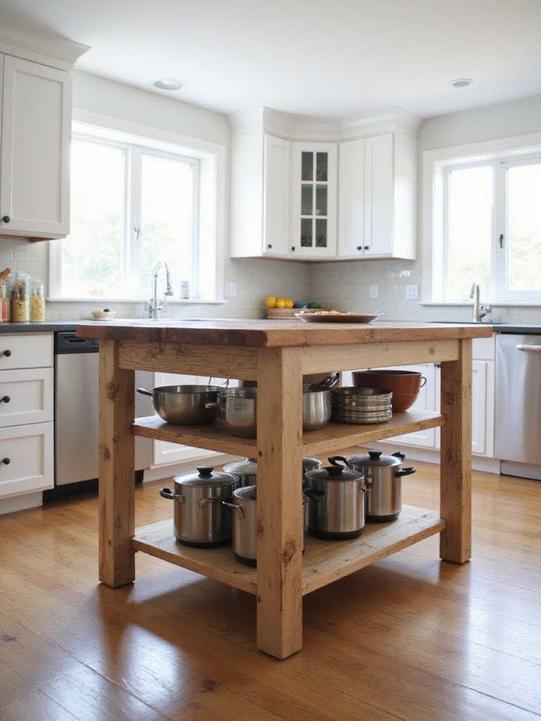 DIY kitchen island made from reclaimed wood with butcher block countertop.